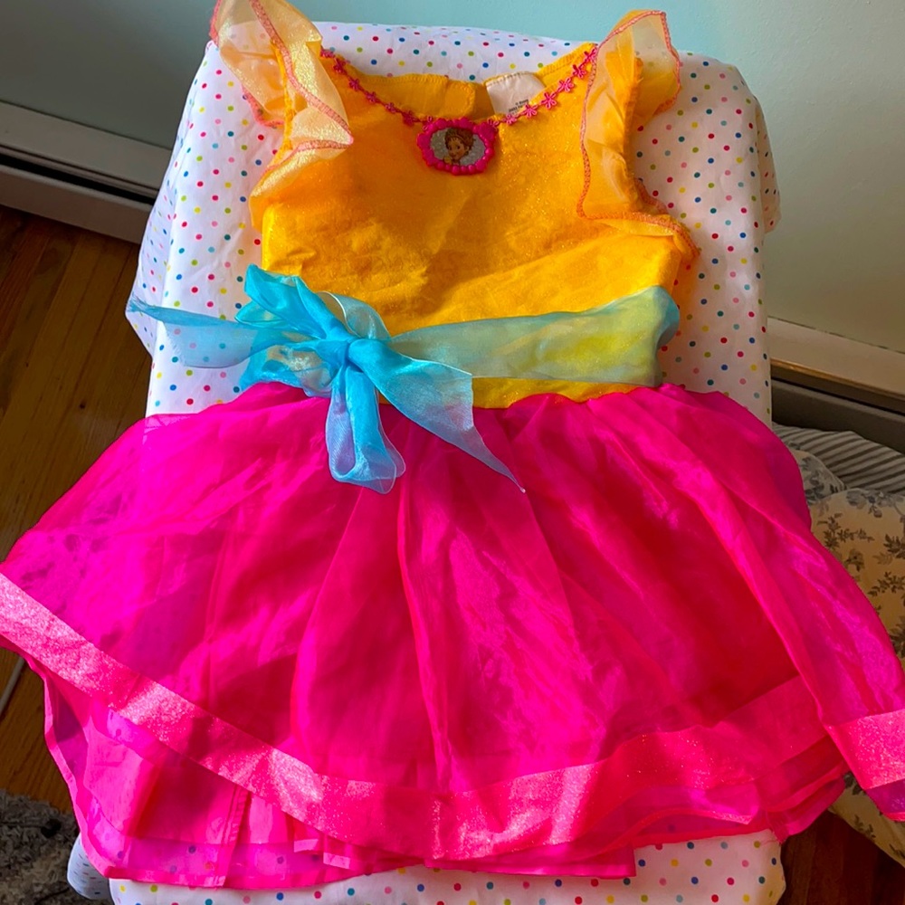 Girls Yellow & Hot Pink Fairy Costume Dress with Blue Sash